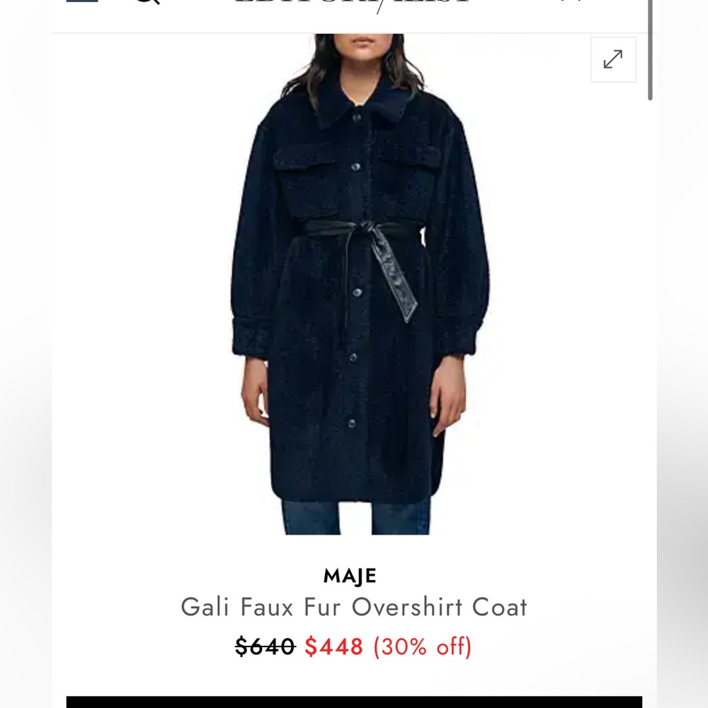 Maje Dark Blue Faux Fur Belted Jacket